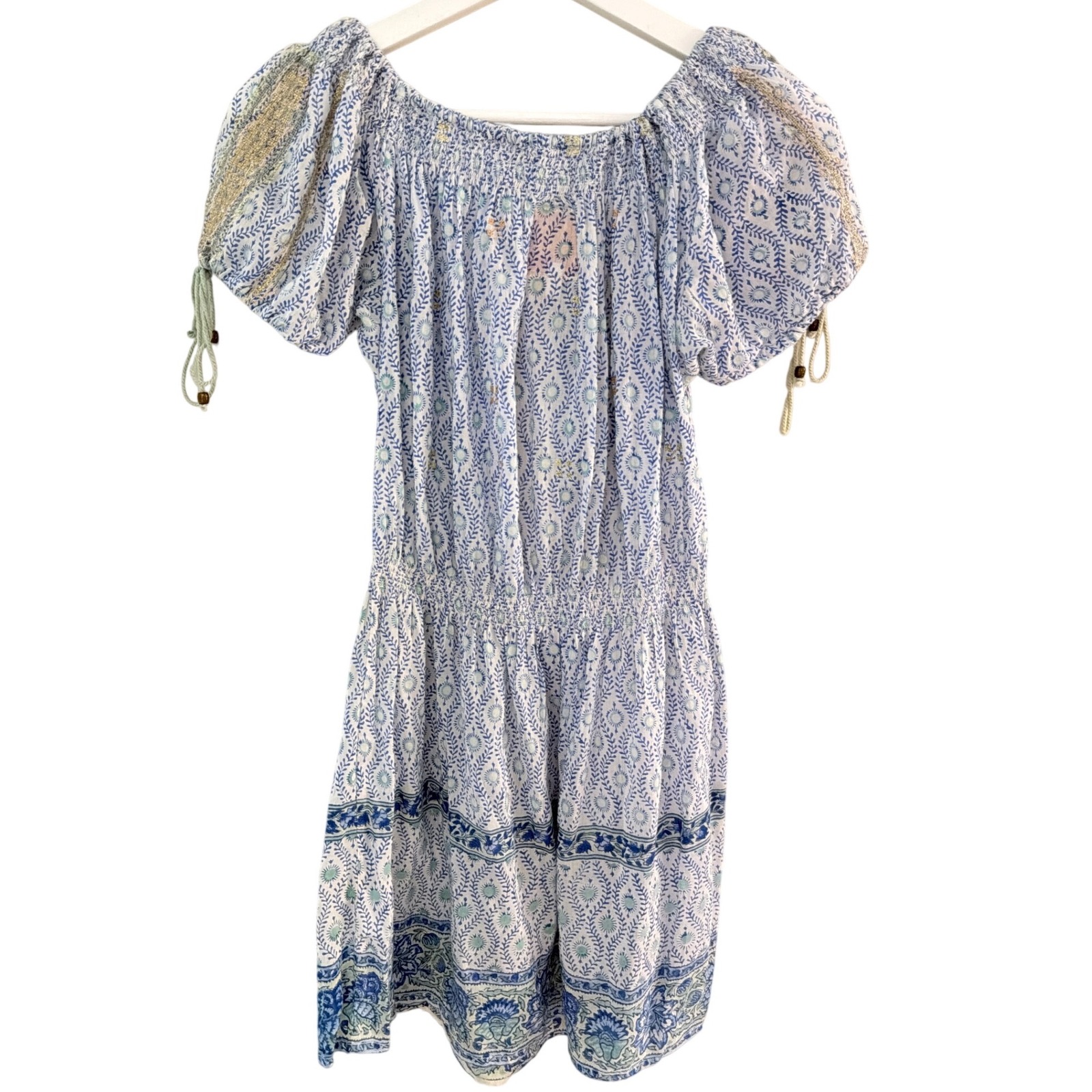 Bell By Alicia Bell Blue White Silk Cotton Block Print Smocked Mini Dress S — image 2 of 8